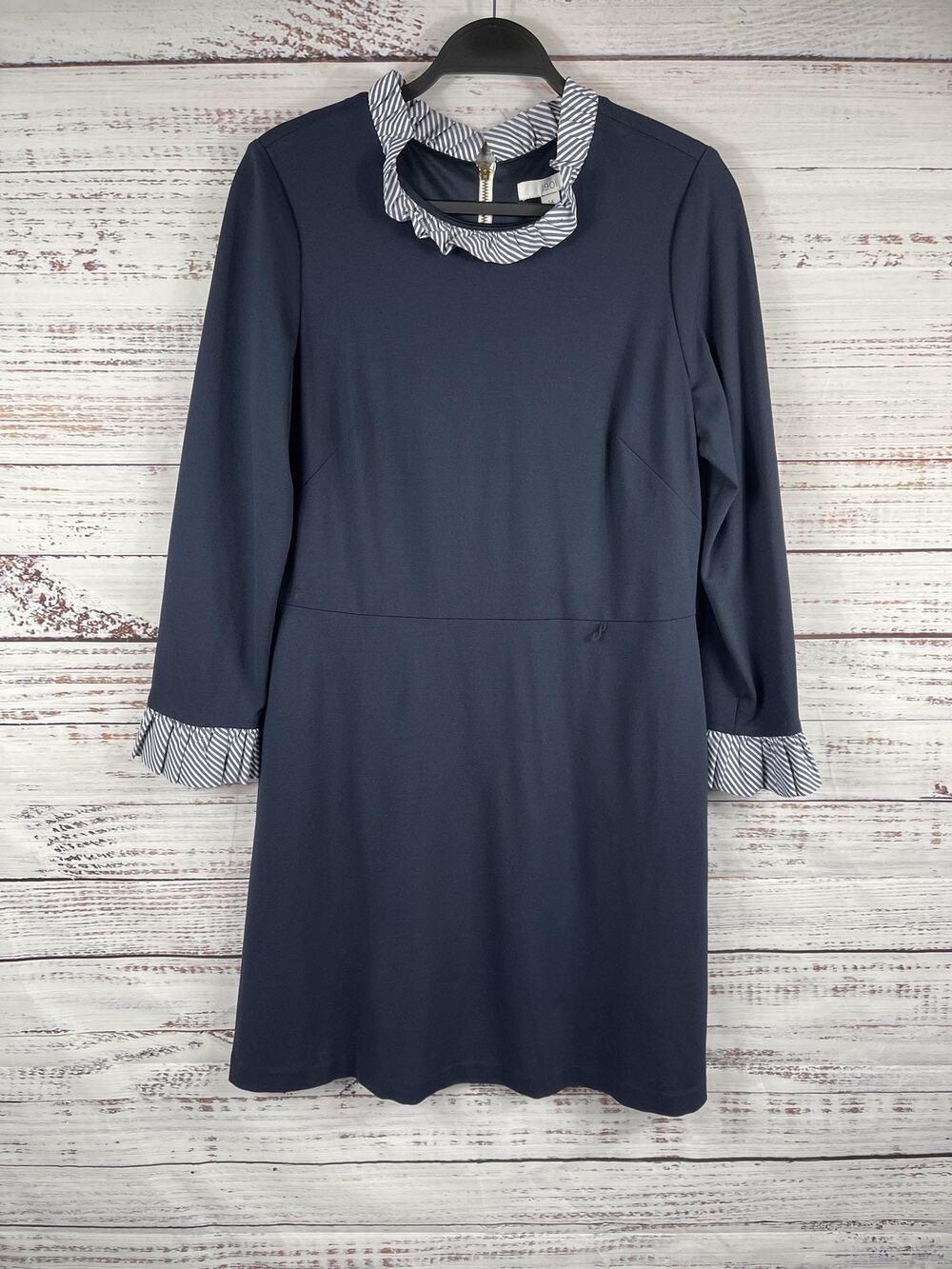 1901 Dress Women's 14 Blue Ruffle Neck Cuff Shift Exposed Zip Knee Length Work